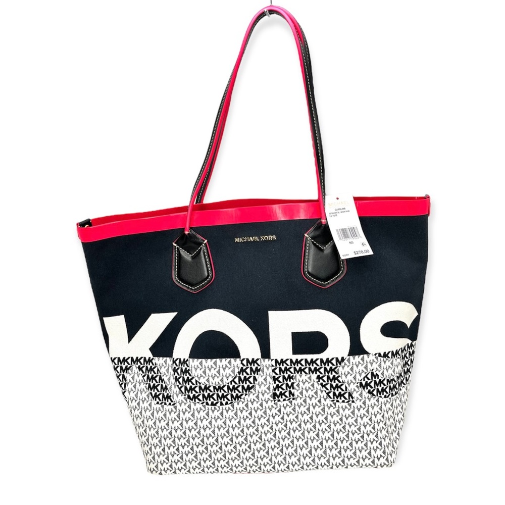 Michael Kors Carolina Large Black/Neon Pink Cotton Tote NWT